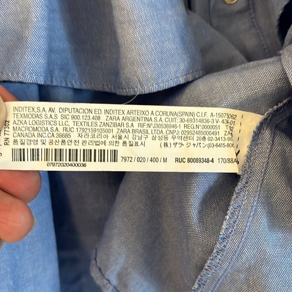 ZARA Chambray Blue Ruffled Tiered Babydoll Top Snap Front Cropped Sz M - Picture 11 of 12